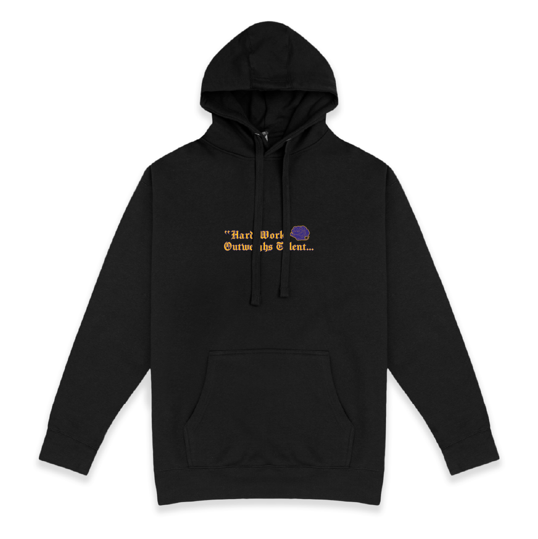 Front view of a unisex black hoodie with 'hard work outweighs talent' text and logo on a white background