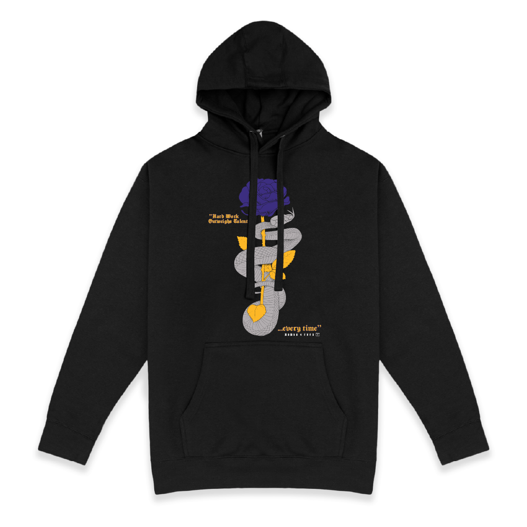 Front view of a unisex black hoodie with a purple and gold mamba snake and rose graphic on a white background