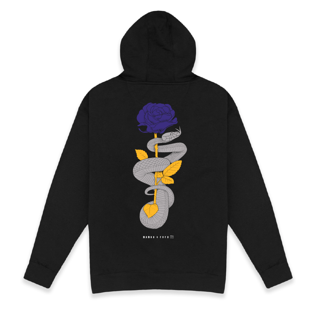 Rear view of a unisex black hoodie with a purple and gold mamba snake and rose graphic on a white background