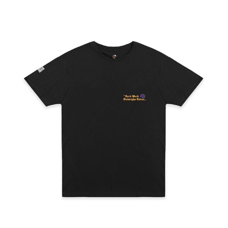 Front view of a unisex black t-shirt with purple and gold 'hard work out weighs talent' text on a white background