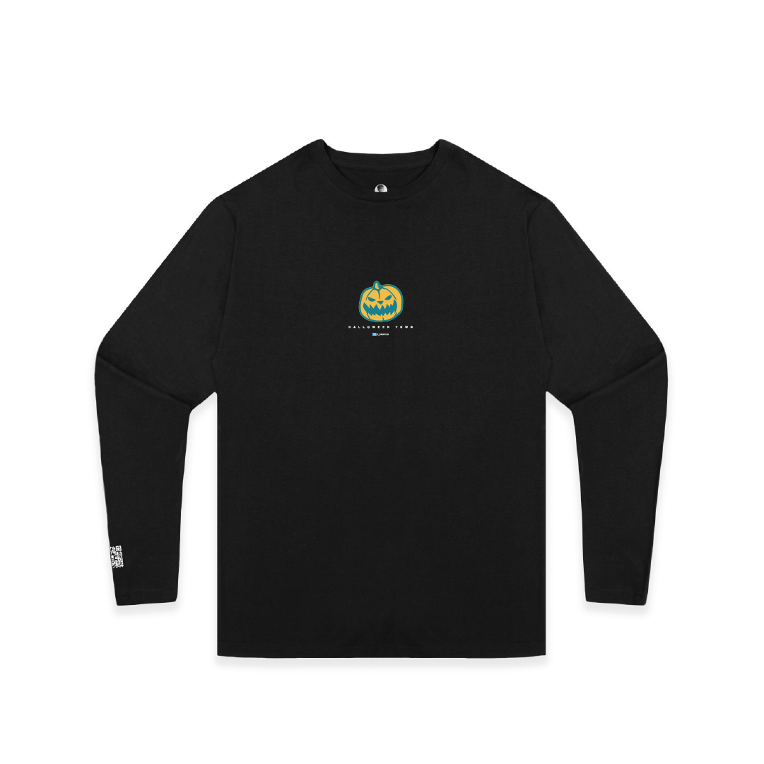 Front view of a black long-sleeve shirt with a pumpkin logo on a white background