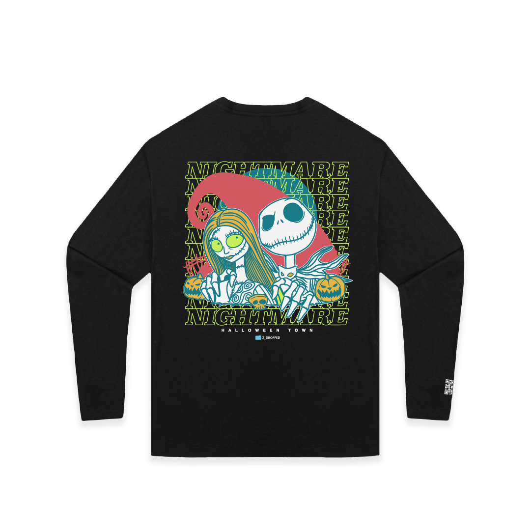 Rear view of a black long-sleeve shirt with cartoon skeletons and 'Nightmare' text on a white background