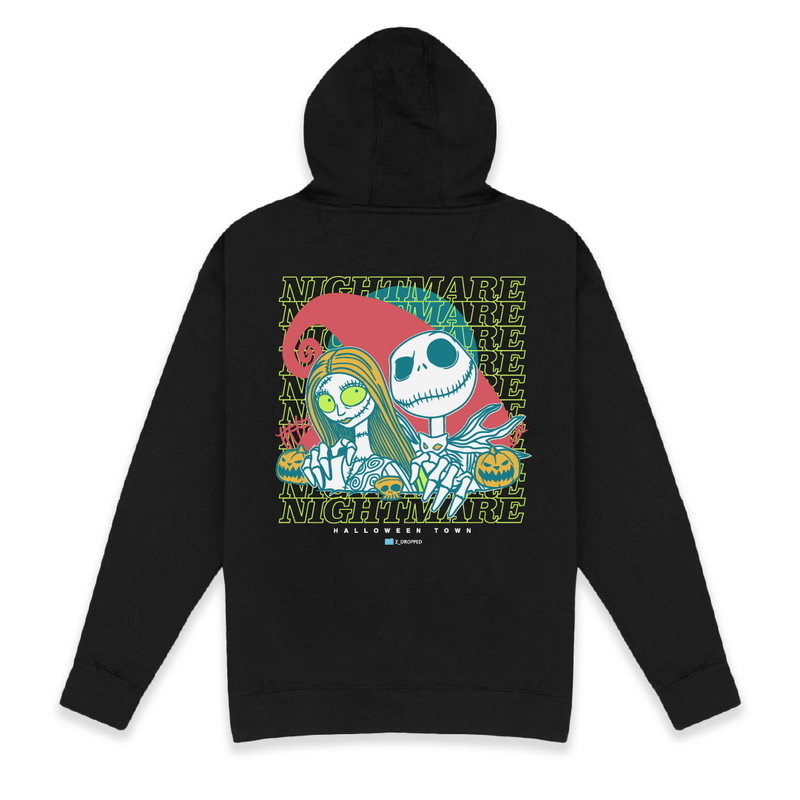 Rear view of a unisex black hoodie with neon green 'Nightmare' text and two cartoon skeletons on a white background.