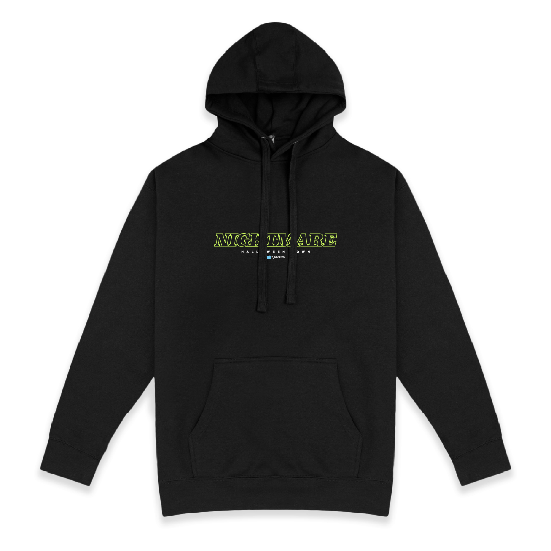 Front view of a black hoodie with neon green 'Nightmare' text on a white background.