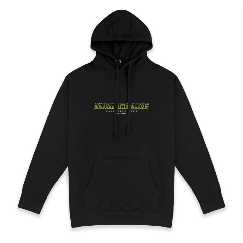 Front view of a unisex black hoodie with neon green 'Nightmare' text on a white background.