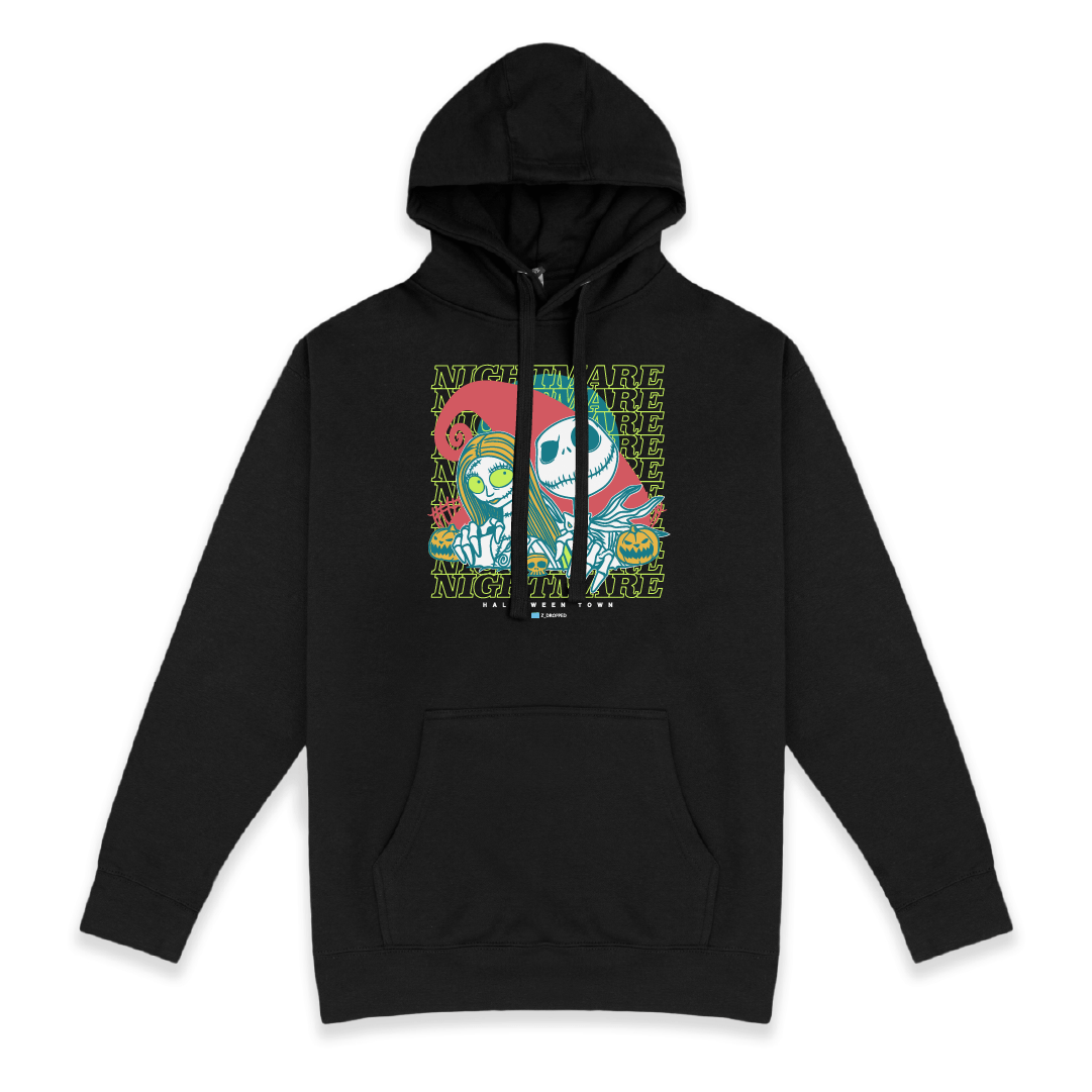 Front view of a black hoodie with neon green 'Nightmare' text and two cartoon skeletons on a white background.