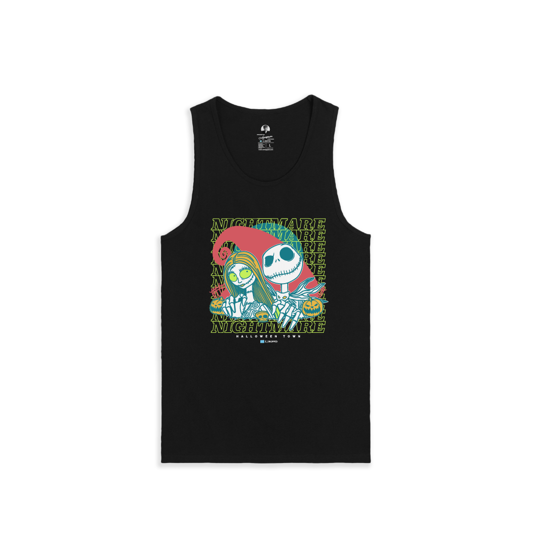 Front view of a unisex black tank top with cartoon skeletons and 'Nightmare' text on a white background