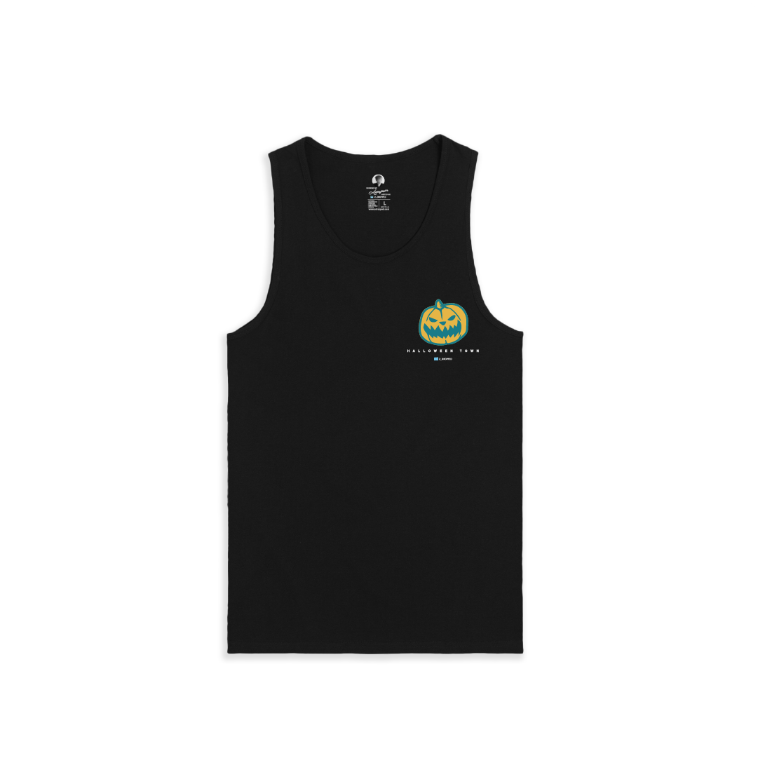 Black tank top with a pumpkin design on a white background