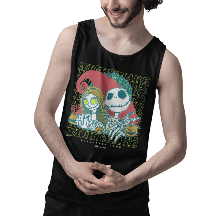 Young man wearing a unisex black tank top with cartoon skeletons and 'Nightmare' text on the front.