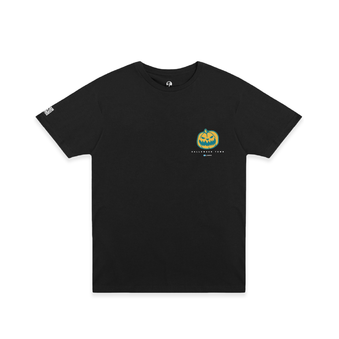 Black t-shirt with a small graphic of a jack-o'-lantern on a white background