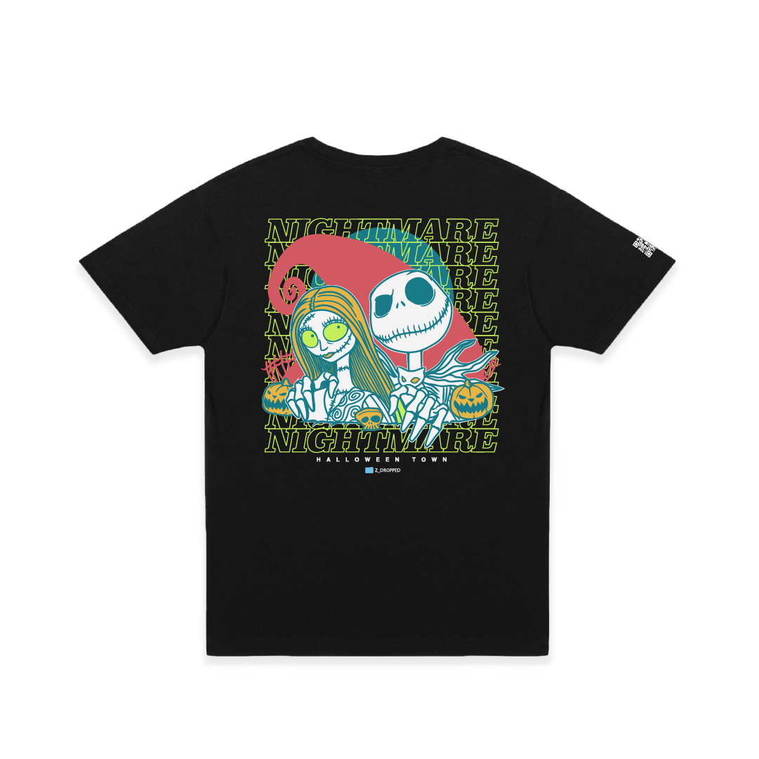 Rear view of a black t-shirt with two cartoon skeletons and 'Nightmare' text on a white background
