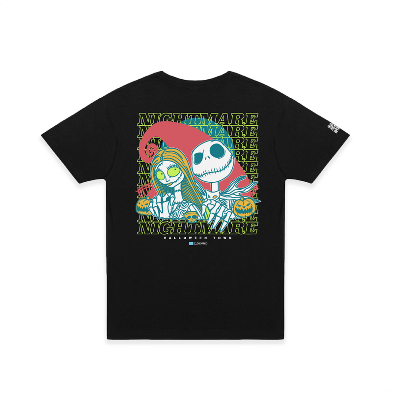 Rear view of a black t-shirt with two cartoon skeletons and 'Nightmare' text on a white background