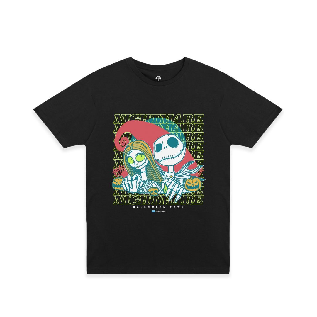 Front view of a black t-shirt with two cartoon skeletons and 'Nightmare' text on a white background