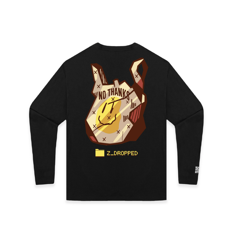 Rear view of a black unisex long sleeve shirt with a yellow smiley face paper bag and a ZDROPPED logo.
