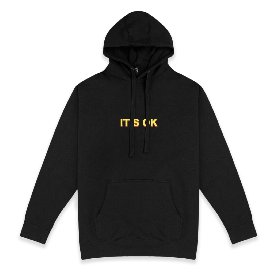 Front view of a black hoodie with a yellow IT'S OK text on the center chest on a white background