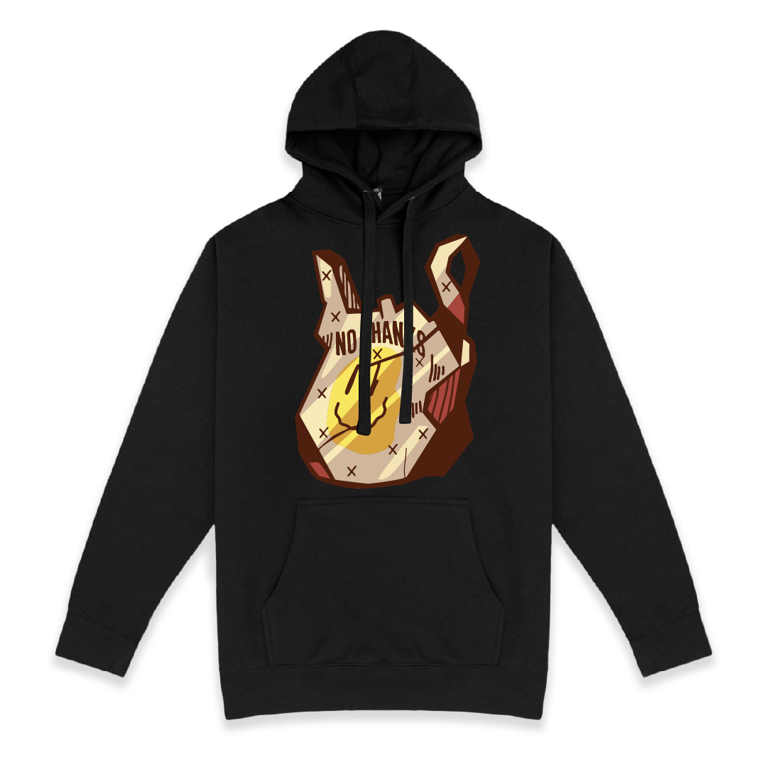 Front view of a black hoodie with a yellow smiley face plastic bag on a white background