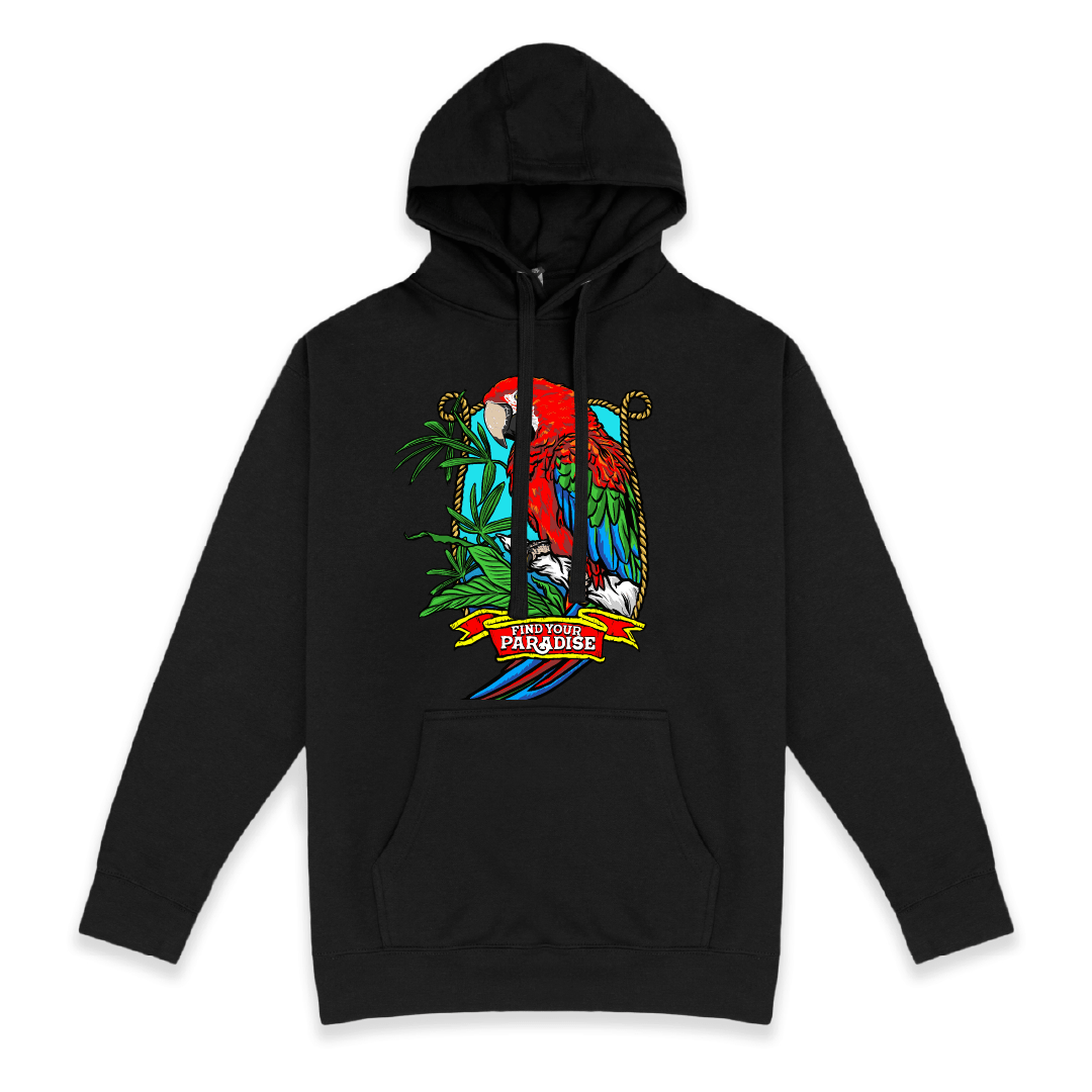 Front view of a black hoodie with a colorful red parrot design on a white background