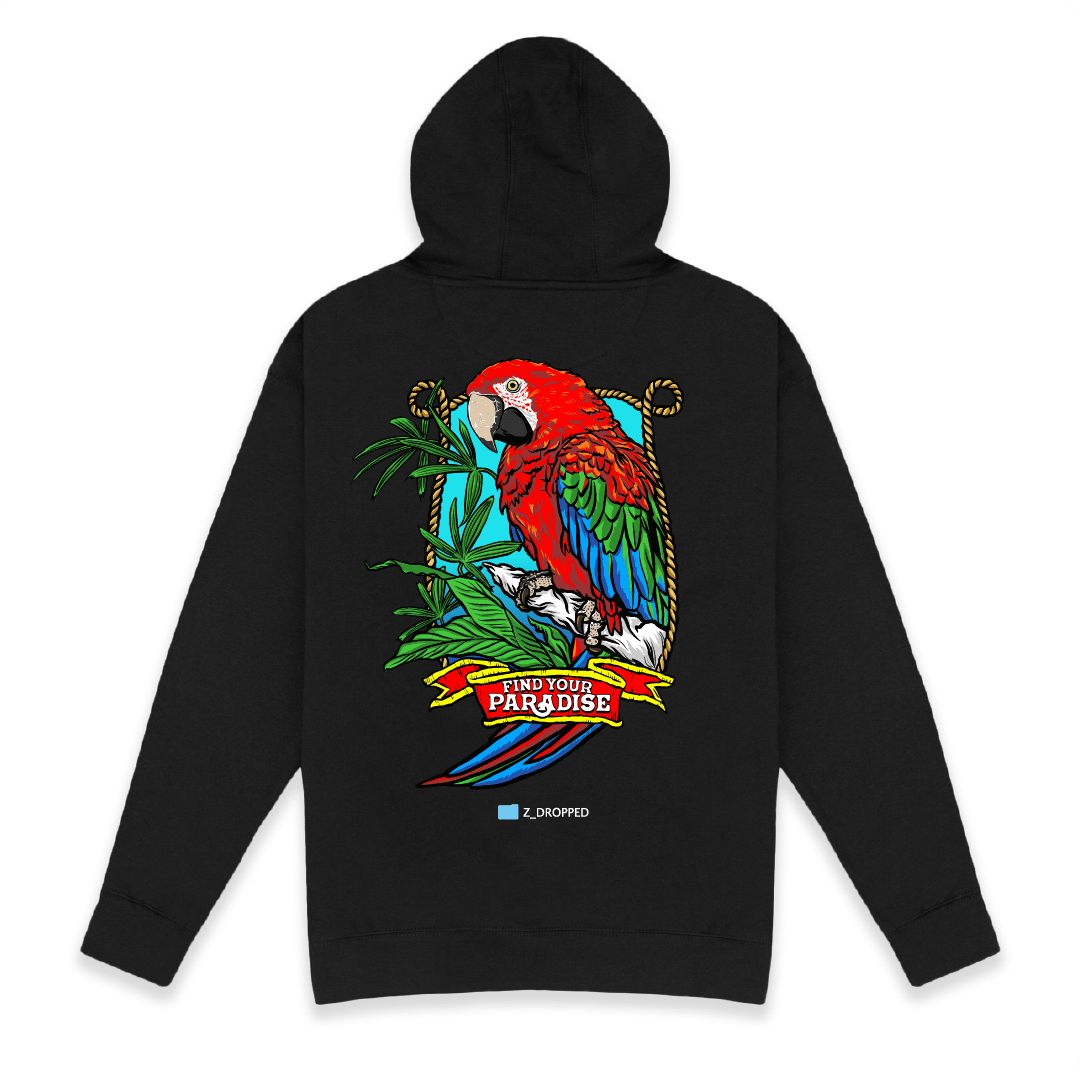 Rear view of a black hoodie with a colorful red parrot design on a white background