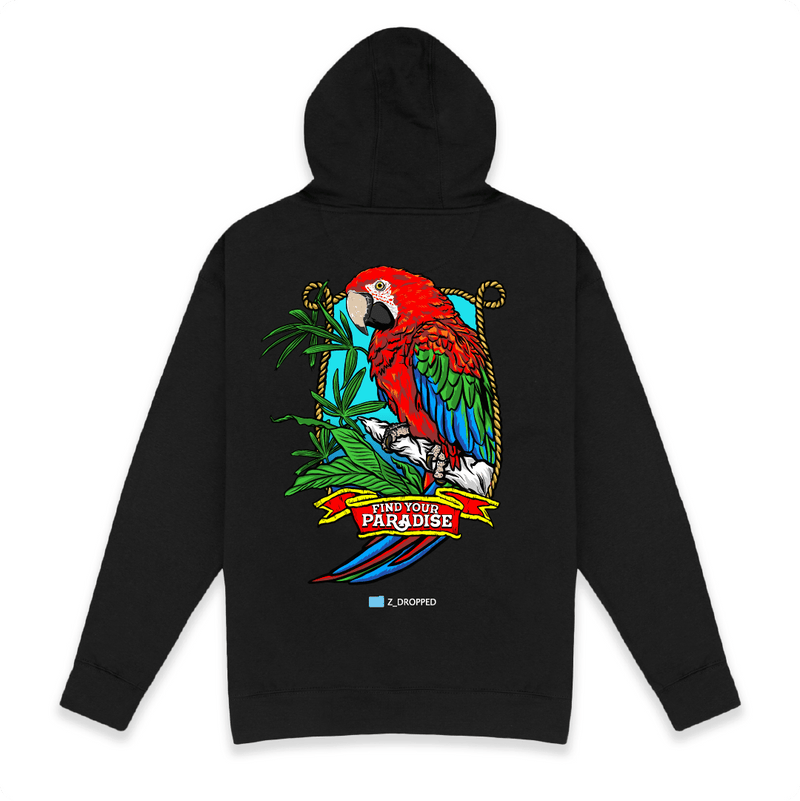 Rear view of a black hoodie with a colorful red parrot design on a white background
