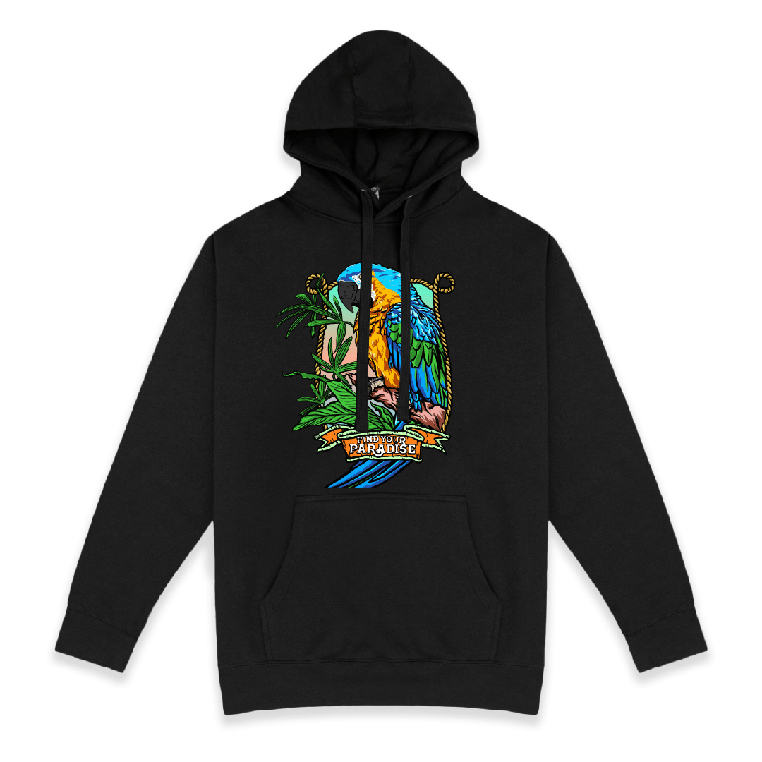Black hoodie with a colorful teal parrot design on the front on a white background