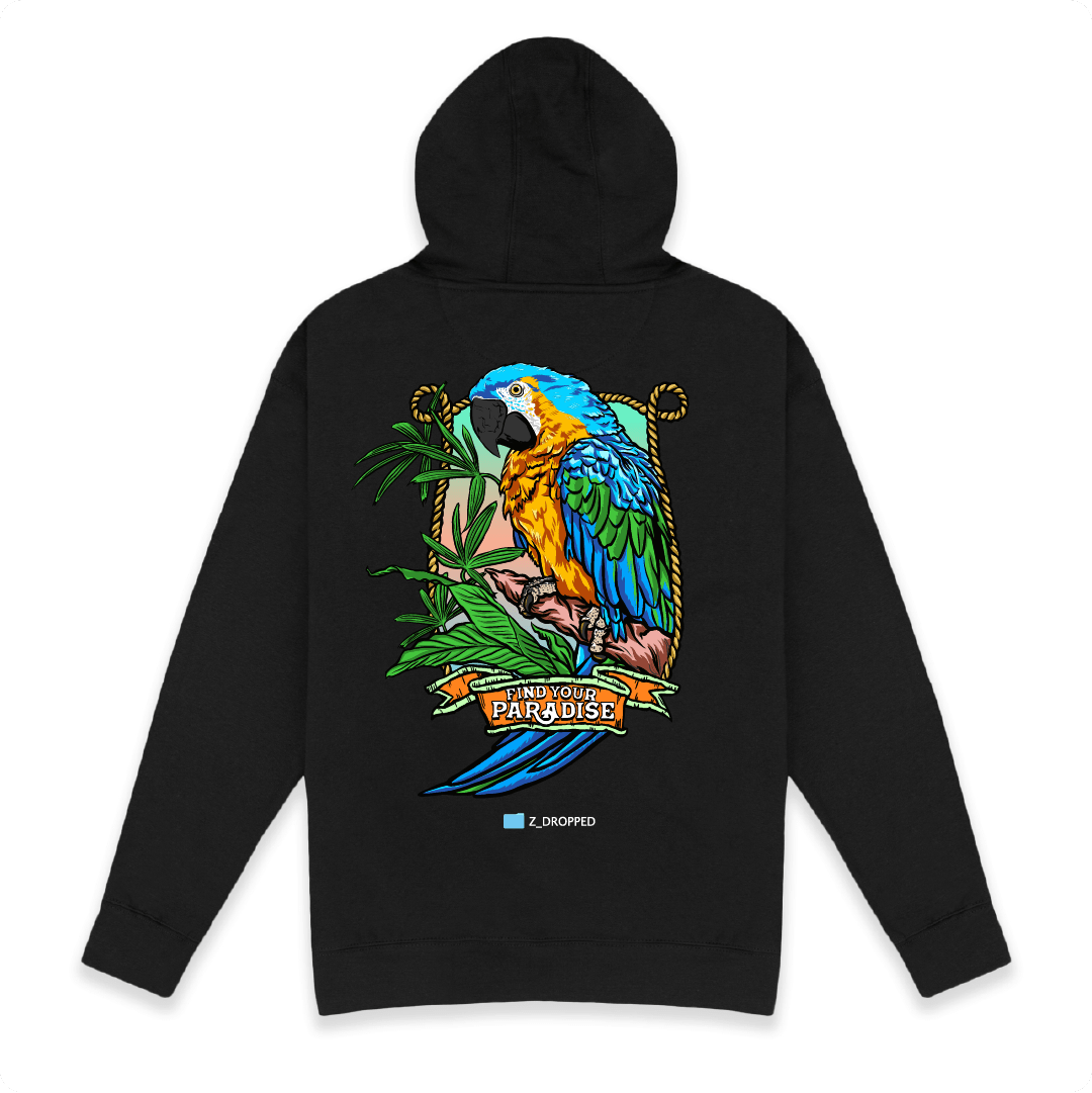 Rear view of a black hoodie with a colorful teal parrot design on the back, on a white background