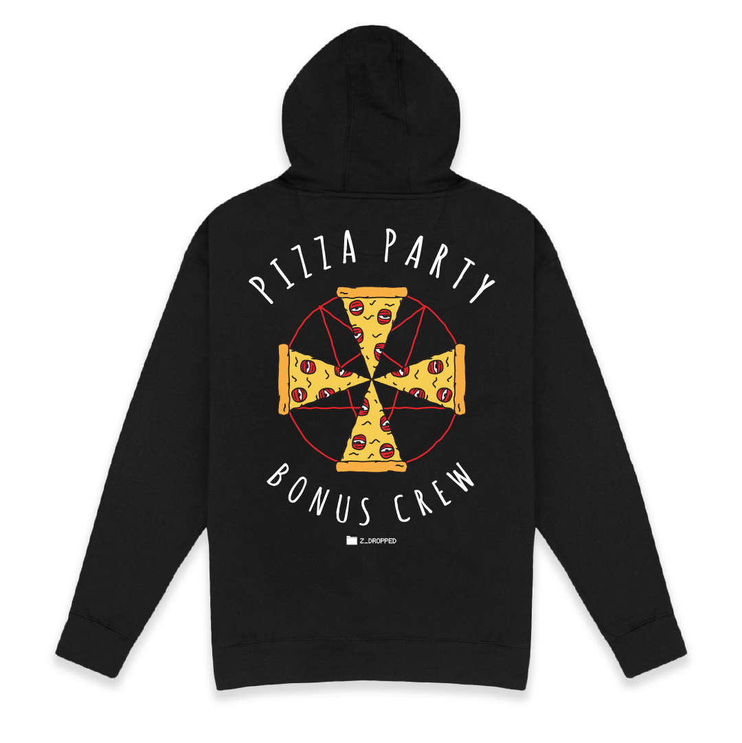 Rear view of a unisex black hoodie with larger Pizza cult graphic front and centered. Pizza slices laid out as an Iron Cross with 'Pizza Party Bonus Crew' white text.