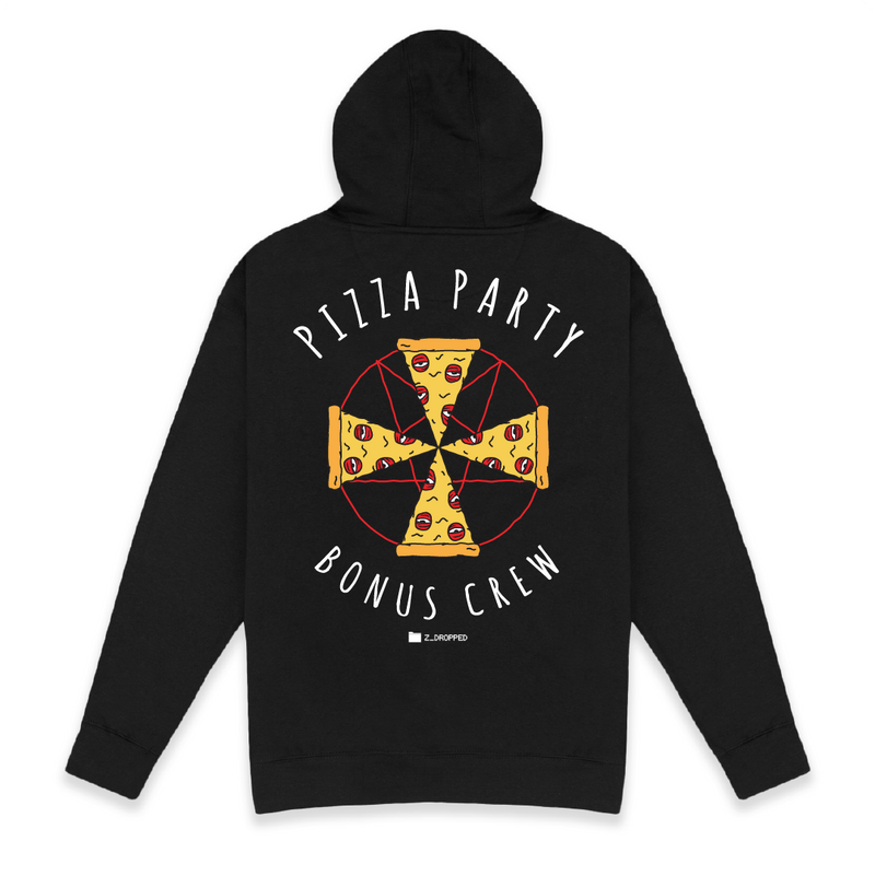Rear view of a unisex black hoodie with larger Pizza cult graphic front and centered. Pizza slices laid out as an Iron Cross with 'Pizza Party Bonus Crew' white text.