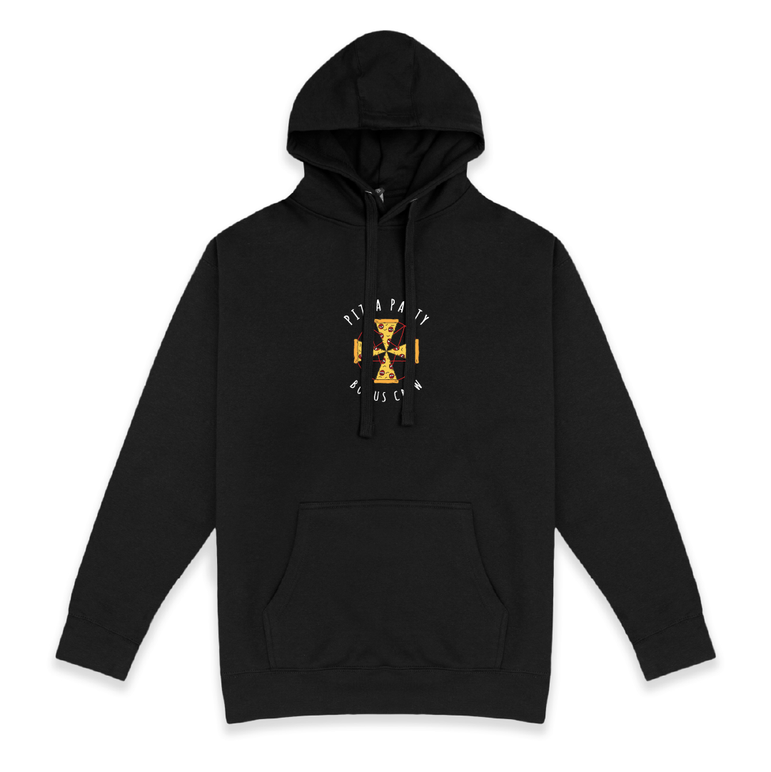 Front view of a unisex black hoodie with smaller Pizza cult graphic front and centered. Pizza slices laid out as an Iron Cross with 'Pizza Party Bonus Crew' white text.