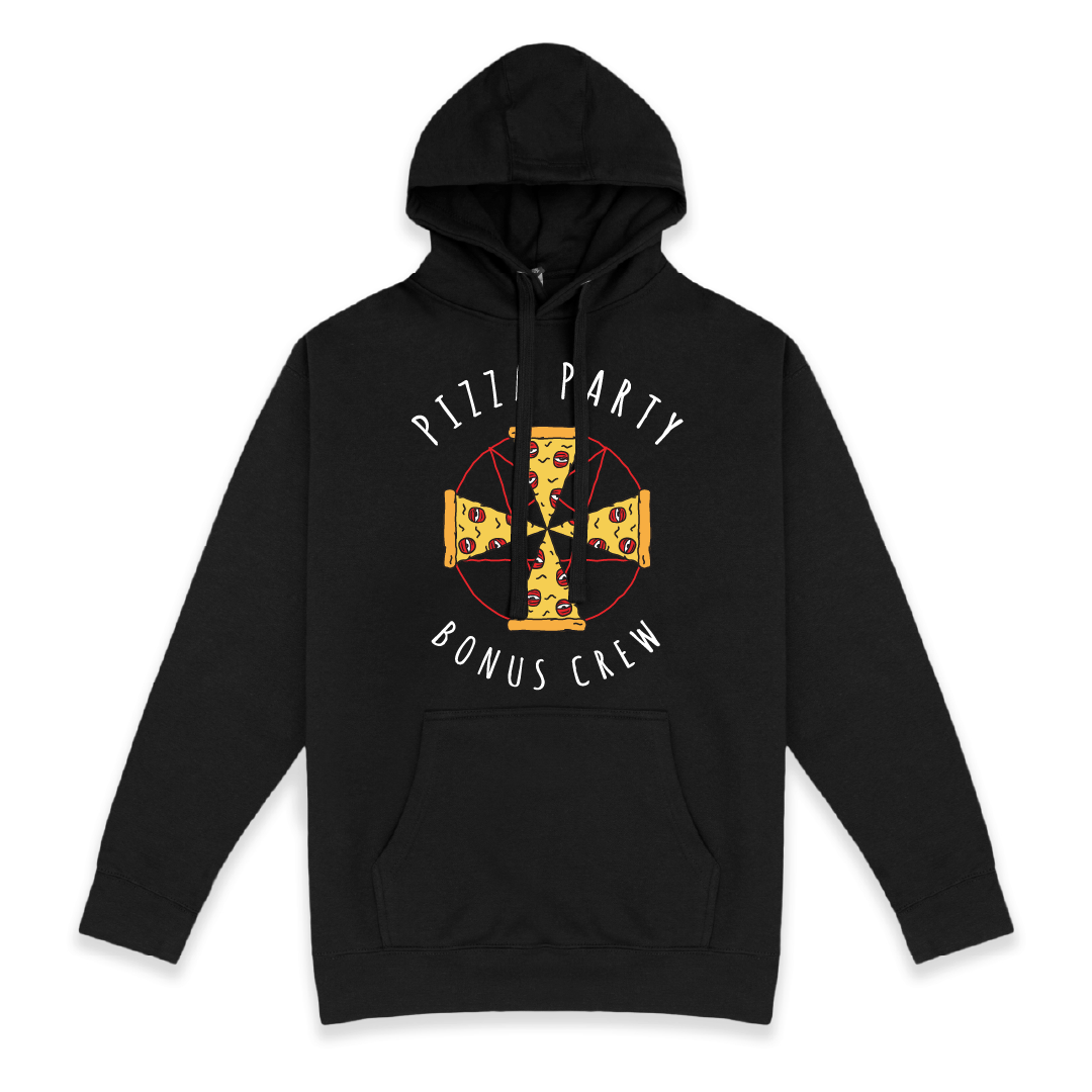 Front view of a unisex black hoodie with larger Pizza cult graphic front and centered. Pizza slices laid out as an Iron Cross with 'Pizza Party Bonus Crew' white text.