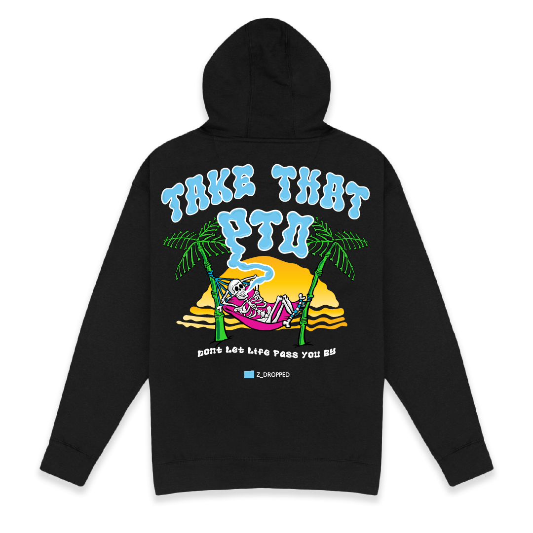 Rear view of a black hoodie with take that PTO text and skeleton in a hammock on the beach on a white background
