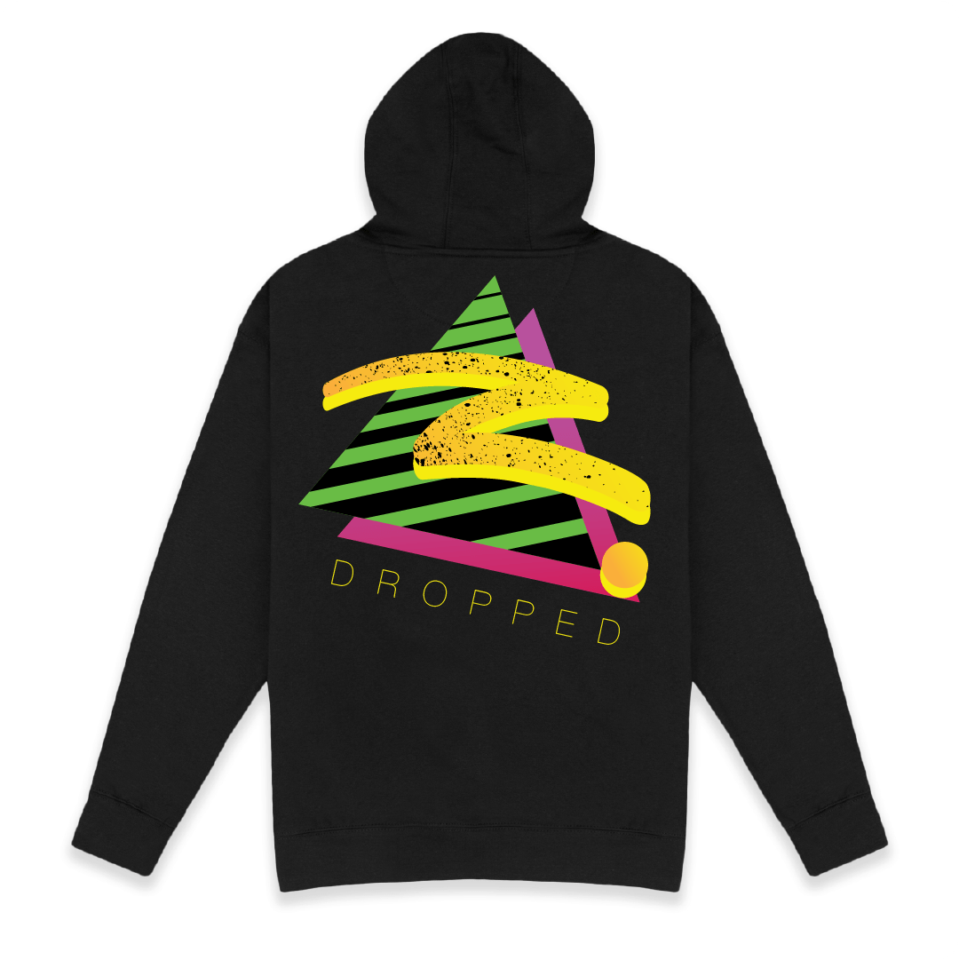 Rear view of a black hoodie with colorful geometric rero z design and 'DROPPED' text on the back