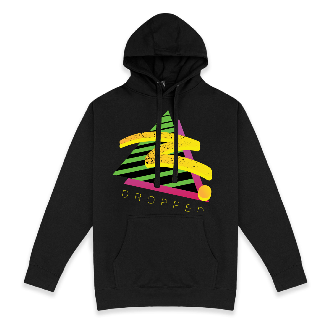 Front view of a black hoodie with colorful retro z graphic design on a white background