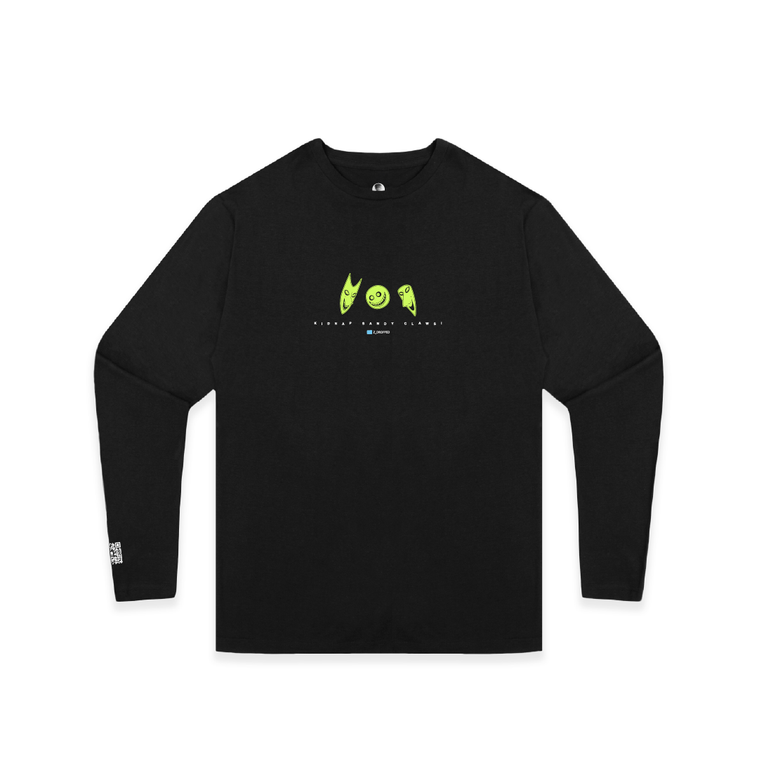 Black long-sleeve shirt with green graphics on a white background