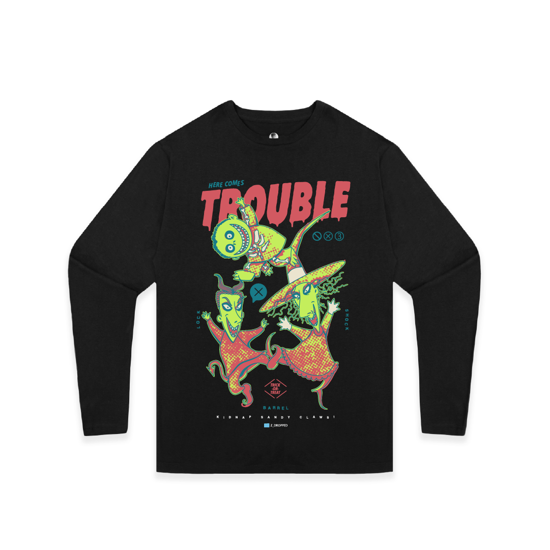 Front view of a black long sleeve with colorful lock shock and barrel and 'Here Comes Trouble' text on a white background
