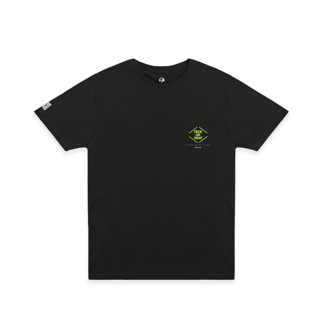 Front view of a black t-shirt with colorful trick or treat graphics on a white background