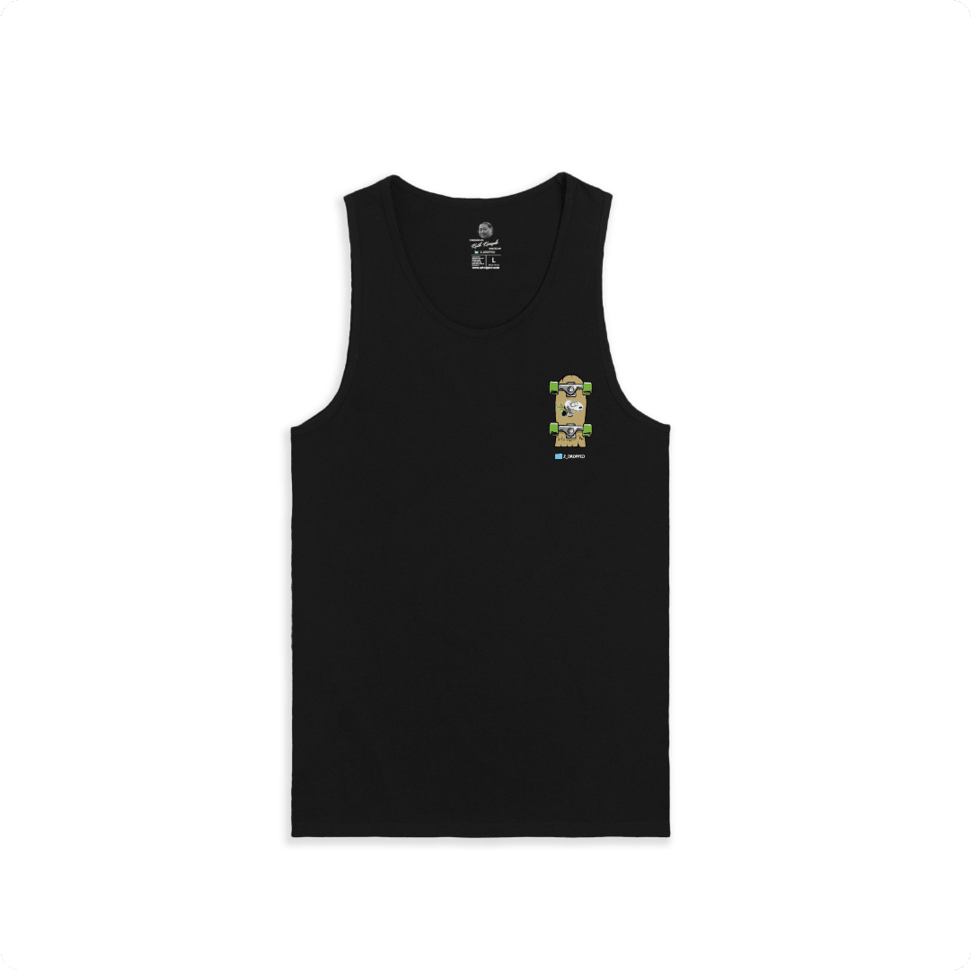 Black tank top with a small skateboard graphic on the chest against a white background