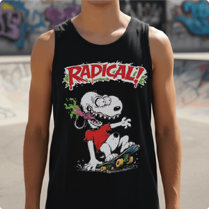 Person wearing a black tank top with a snoopy fink graphic design of a dog and 'RADICAL!' text.