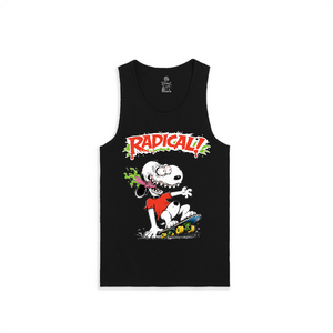 Black tank top with a snoopy cartoon character on a skateboard and 'Radical!' text on a white background