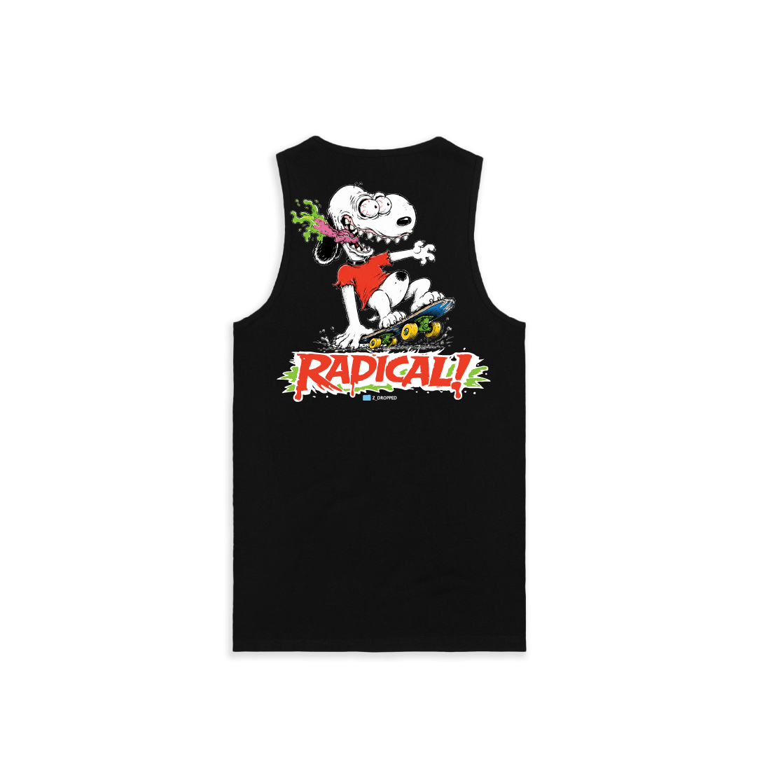 Rear view of a black tank top with a snoopy cartoon character on a skateboard and 'Radical!' text on a white background