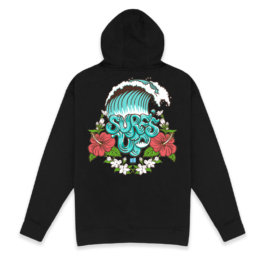 Rear view of a black hoodie with a colorful 'Surf Up' hibiscus design on the back against a white background