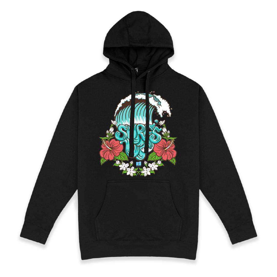 Front view of a black hoodie with a colorful 'Surf Up' hibiscus design on the front against a white background