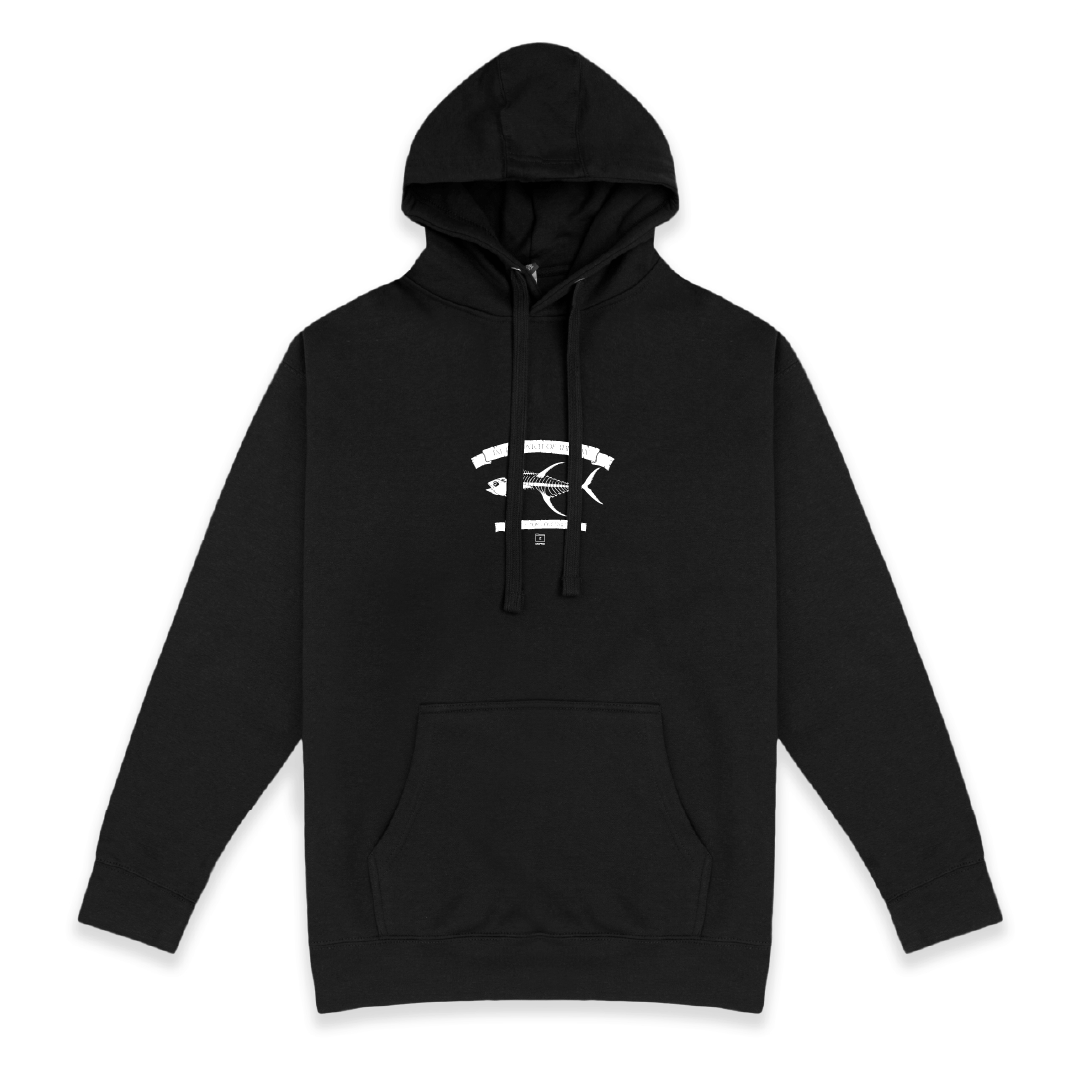 Front view of a unisex black hoodie with small white tuna bones graphic on a white background with white text that reads "I'm the catch of the day" on the top of the fish graphic and "fishing for compliments" in white text below the graphic