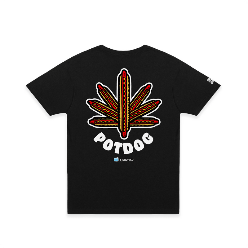 Black rear view of a unisex tee graphic design featuring five hot dogs arranged in the shape of a cannabis leaf with bold text reading “POTDOG” on the front, on a white background.