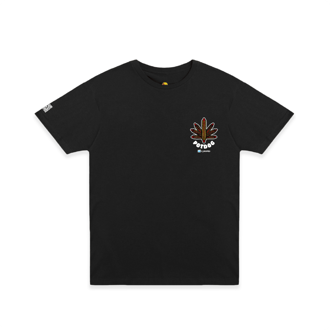 Black Front view of a unisex tee graphic design featuring five hot dogs arranged in the shape of a cannabis leaf with bold text reading “POTDOG” on the front, on a white background.