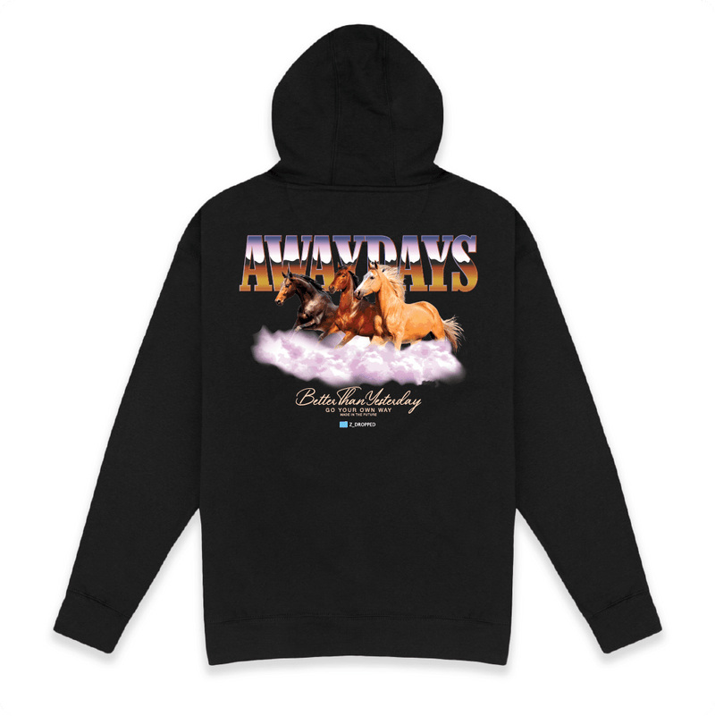 Rear view of a unisex black hoodie with three horses graphic with Away Days text on a white background