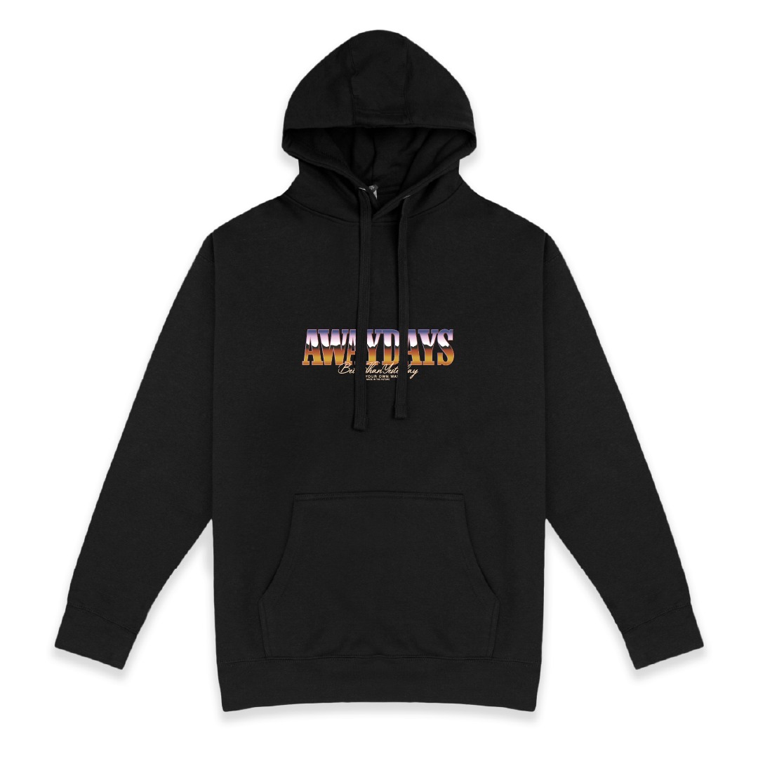 Front view of a unisex black hoodie with Away Days text on the front on a white background