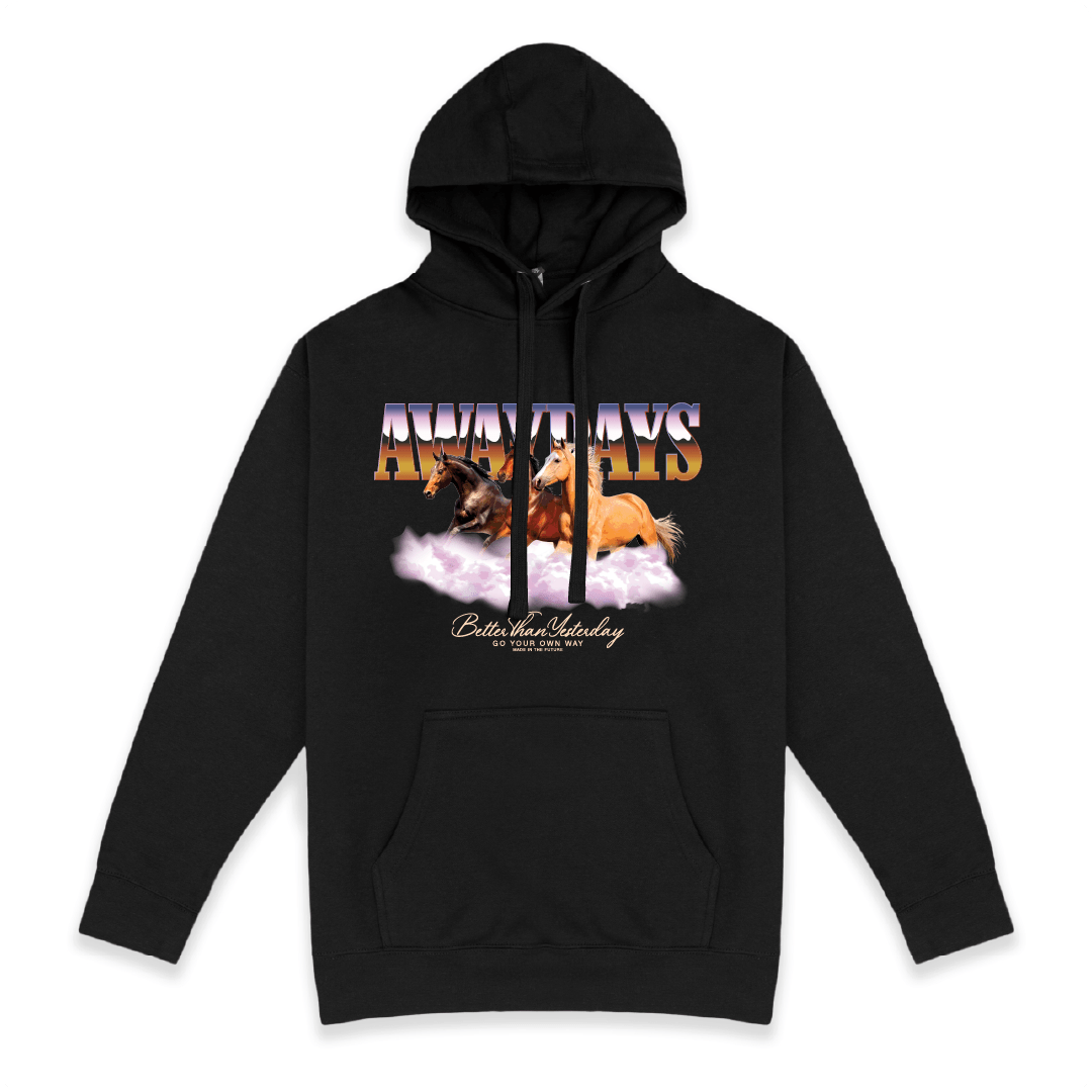 Front view of a unisex black hoodie with three horses graphic with Away Days text on a white background