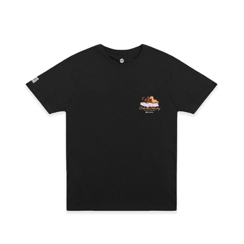 Front view of a black short sleeved shirt featuring three horses running on a cloud and gold 'Better than yesterday' text on the chest.