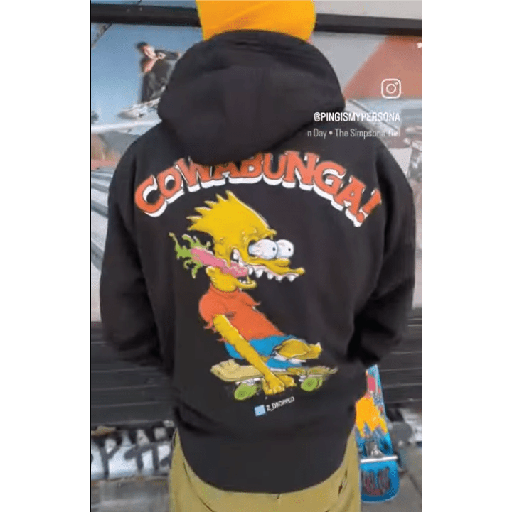 Back View of Pingismypersona wearing a black hoodie with a bart roth cartoon character and 'Cowabunga!' text on the back.
