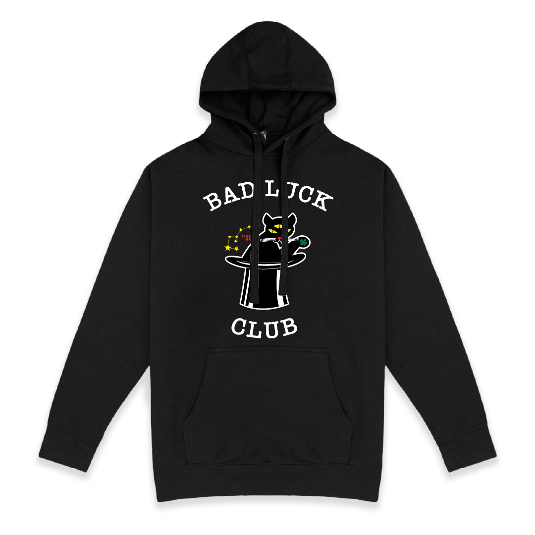 Front view of a unisex black hoodie with 'Bad Luck Club' design on the back, featuring a cat in a top hat and death clover.